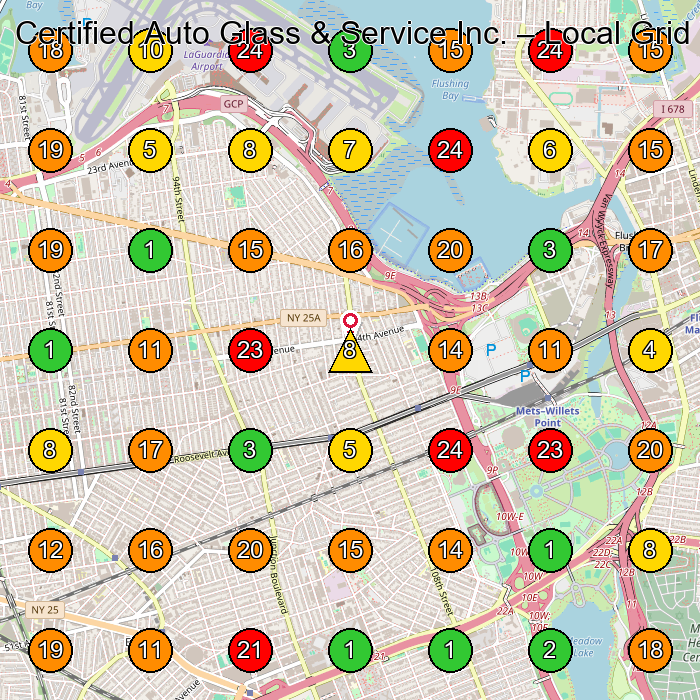 Certified Auto Glass & Service Inc. Auto Glass Shop GeoGrid ranking map for Queens NY